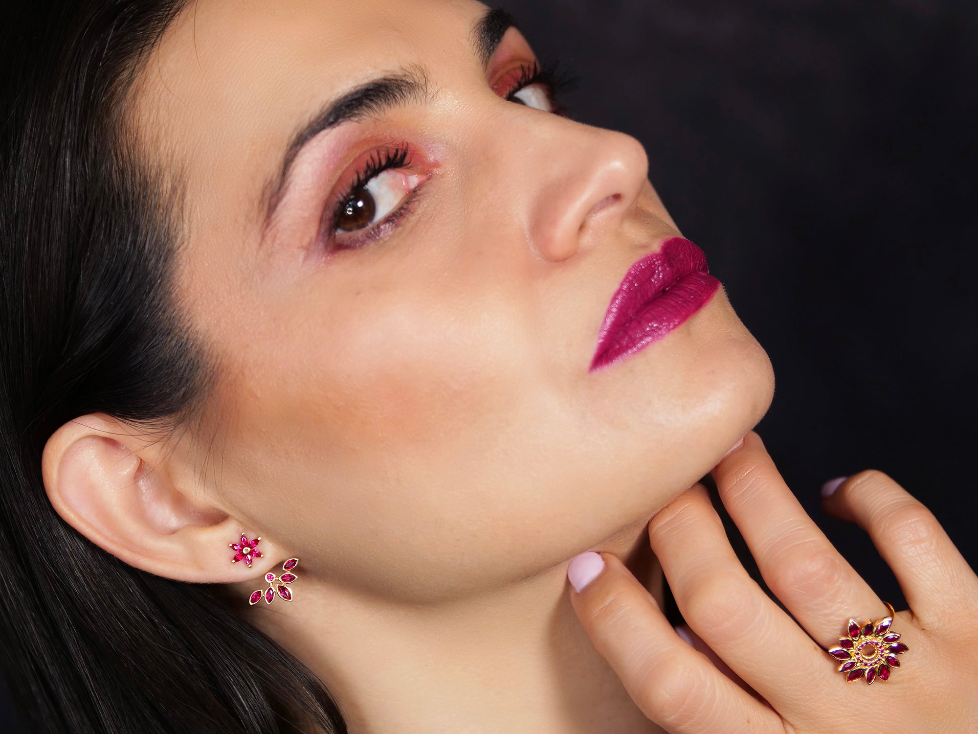 Amalia - Ruby Flower Ear Jacket Earrings – La Fleur Rouge Collection of Rubies & Solid Gold - Aurora Laffite Jewelry