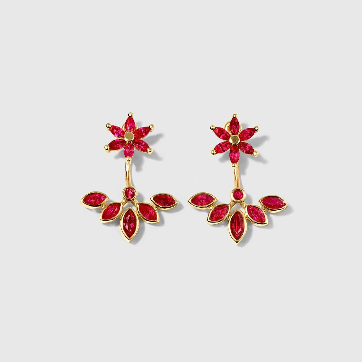 Amalia - Ruby Flower Ear Jacket Earrings – La Fleur Rouge Collection of Rubies & Solid Gold - Aurora Laffite Jewelry