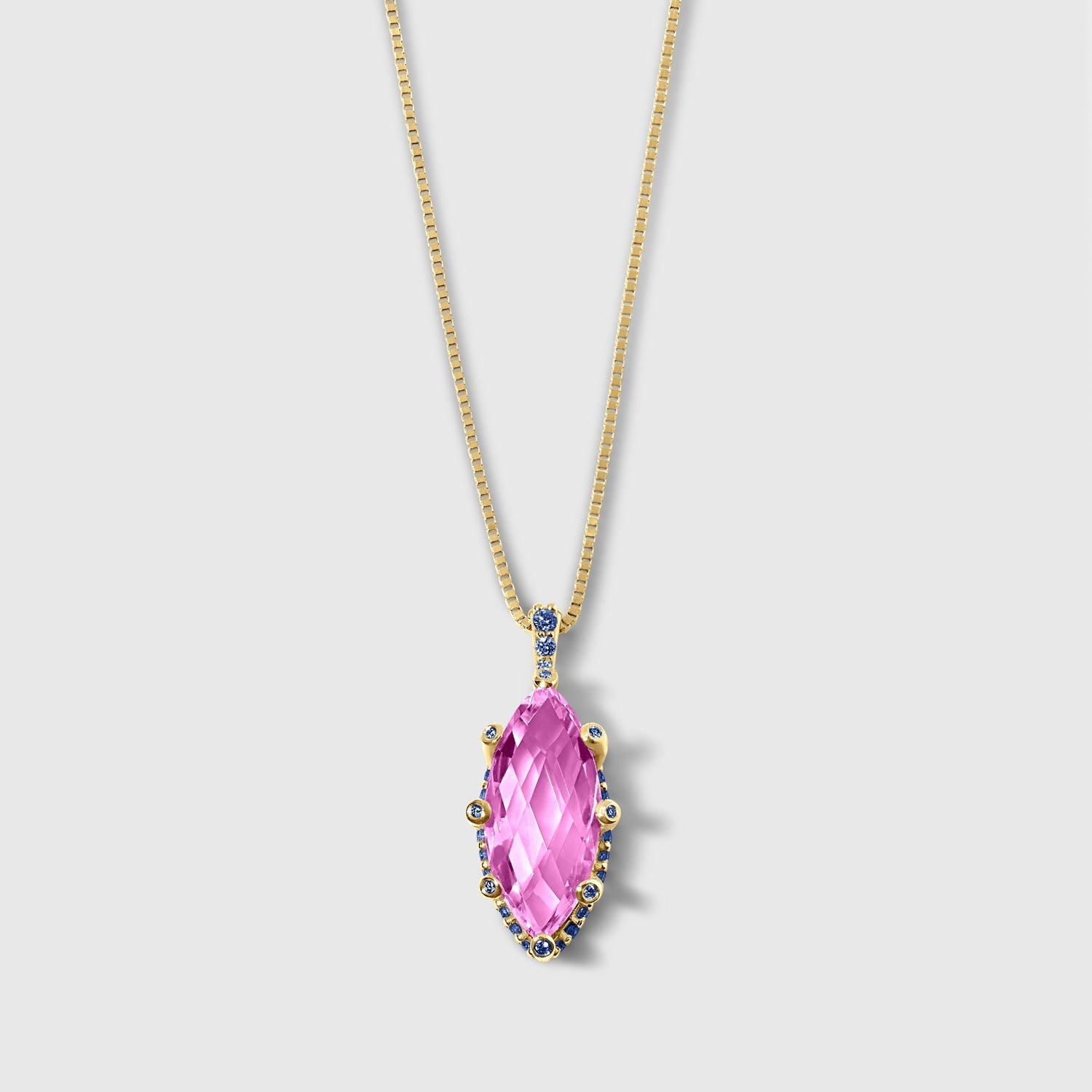 Pink Topaz & Blue Sapphires - Marquise Pendant & Necklace in Solid Gold – SkyTower Set - Aurora Laffite Jewelry