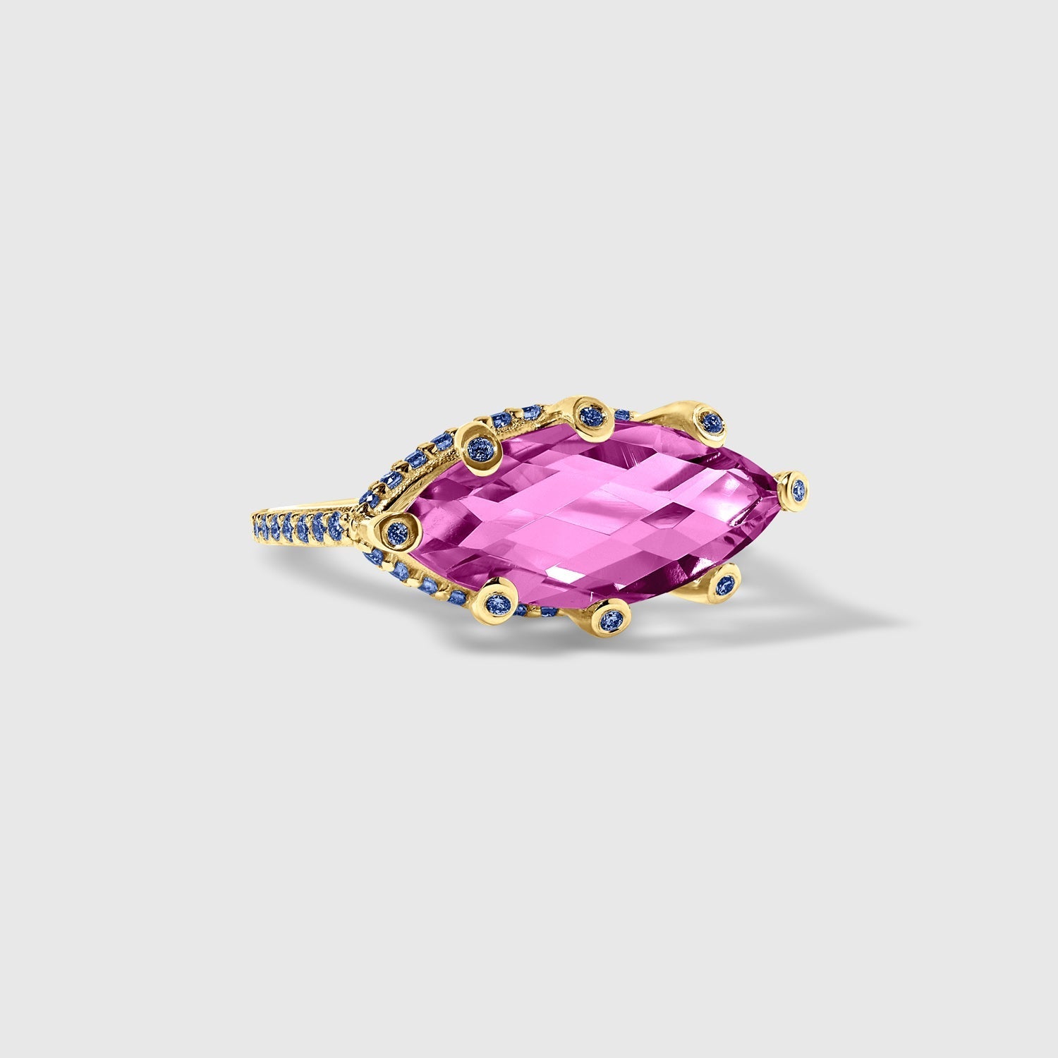 Pink Topaz & Blue Sapphires - Marquise Ring in Solid Gold – SkyTower Set - Aurora Laffite Jewelry