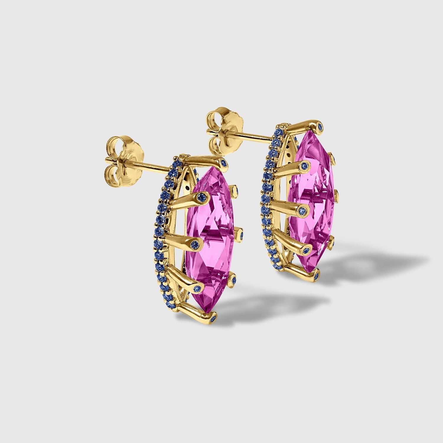 Pink Topaz & Blue Sapphires - Marquise Stud Earrings in Solid Gold – SkyTower Set - Aurora Laffite Jewelry