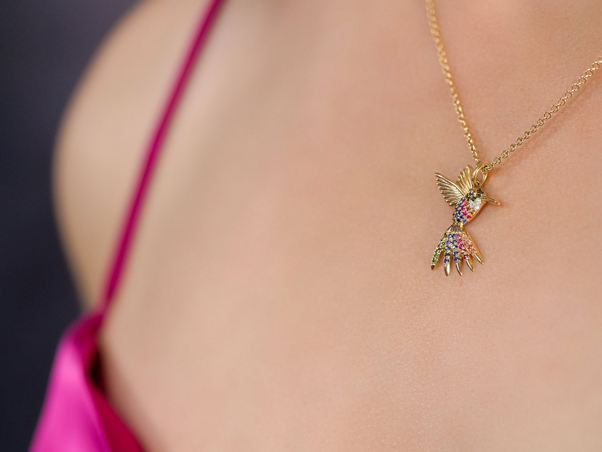 Rainbow Hummingbird Pendant & Necklace in Solid Gold – The “Humming Beauty” Set - Aurora Laffite Jewelry