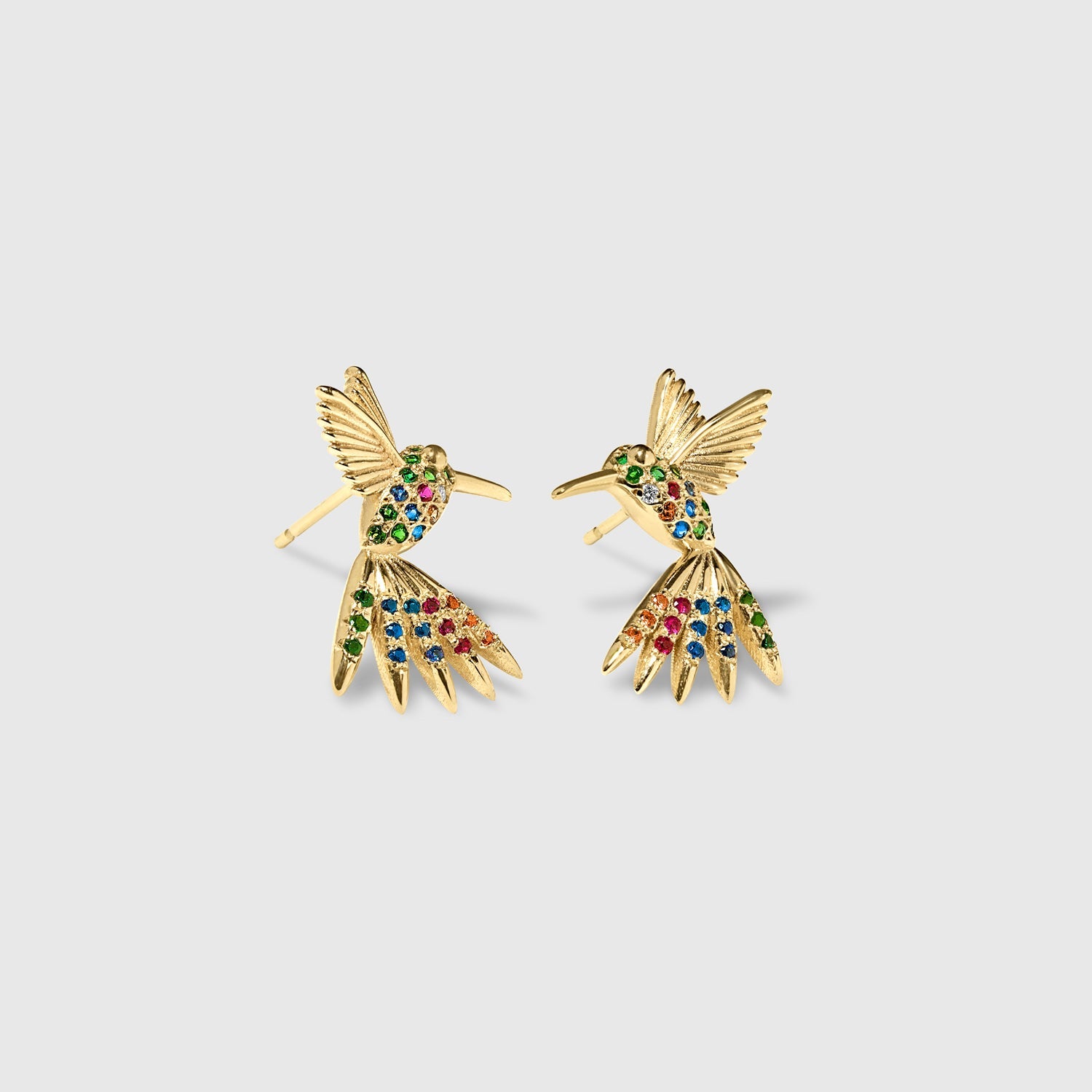 Rainbow Hummingbird Stud Earrings in Solid Gold – The “Humming Beauty” Set - Aurora Laffite Jewelry
