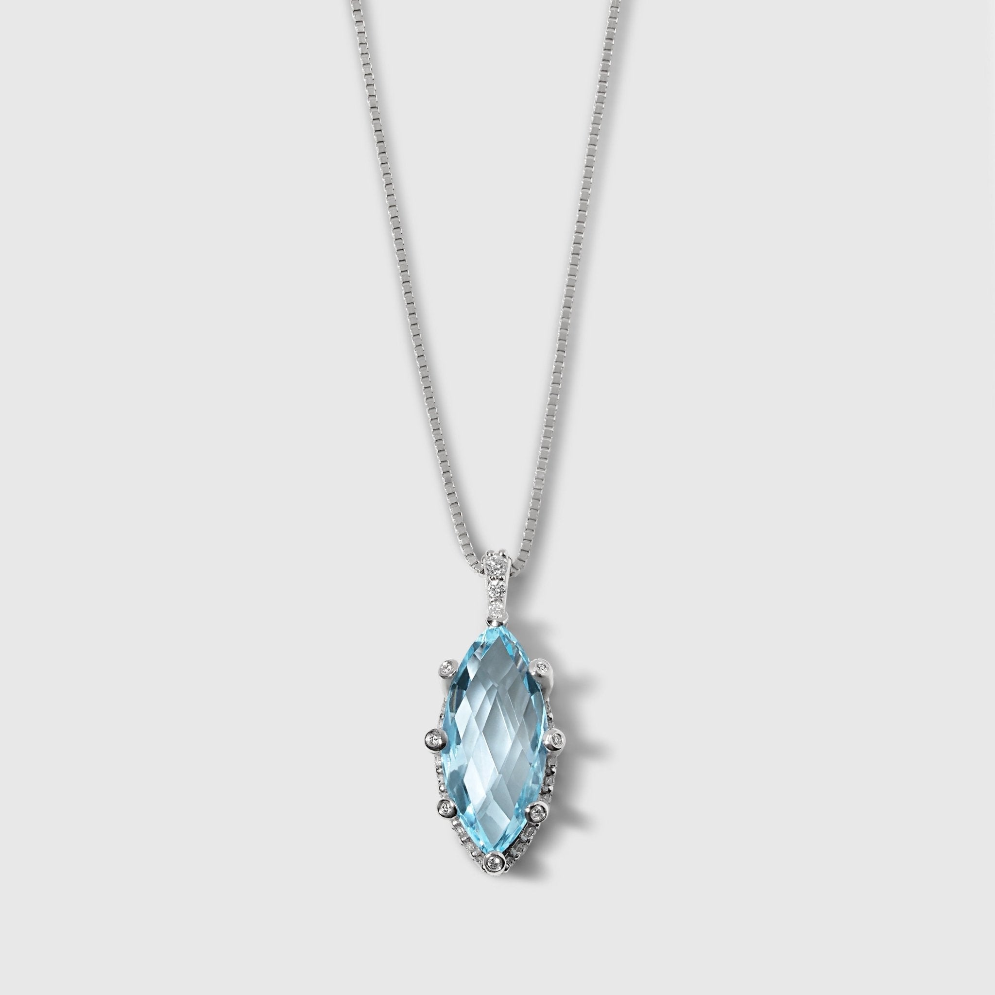 Sky-Blue Topaz & White Diamonds - Marquise Pendant & Necklace in Solid White Gold – SkyTower Set - Aurora Laffite Jewelry