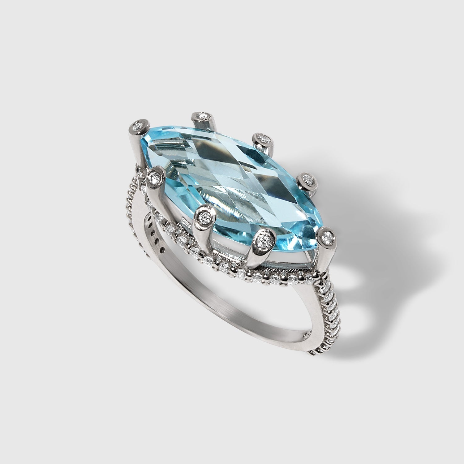 Sky-Blue Topaz & White Diamonds - Marquise Ring in Solid White Gold – SkyTower Set - Aurora Laffite Jewelry
