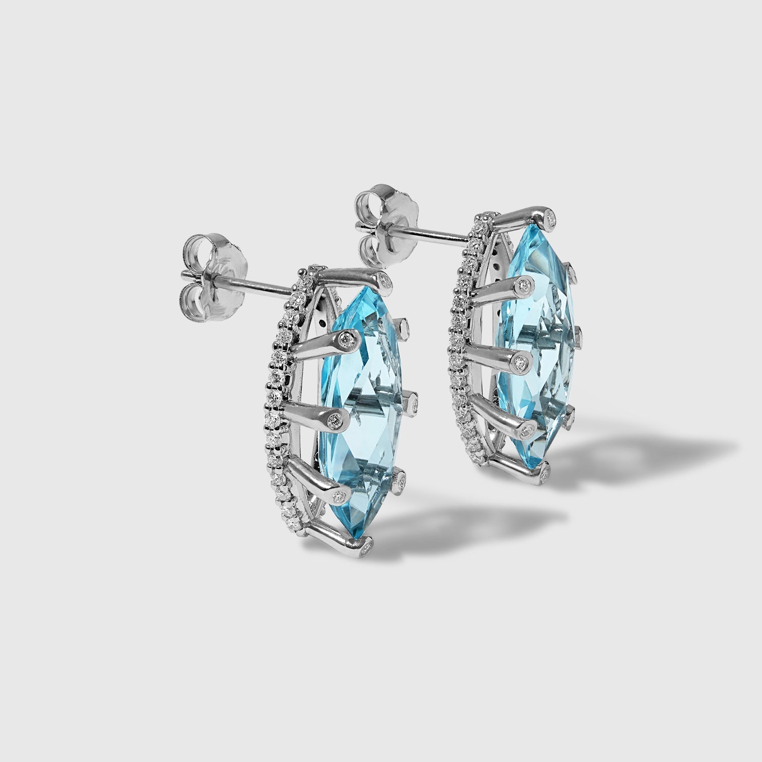 Sky-Blue Topaz & White Diamonds - Marquise Stud Earrings in Solid White Gold – SkyTower Set - Aurora Laffite Jewelry