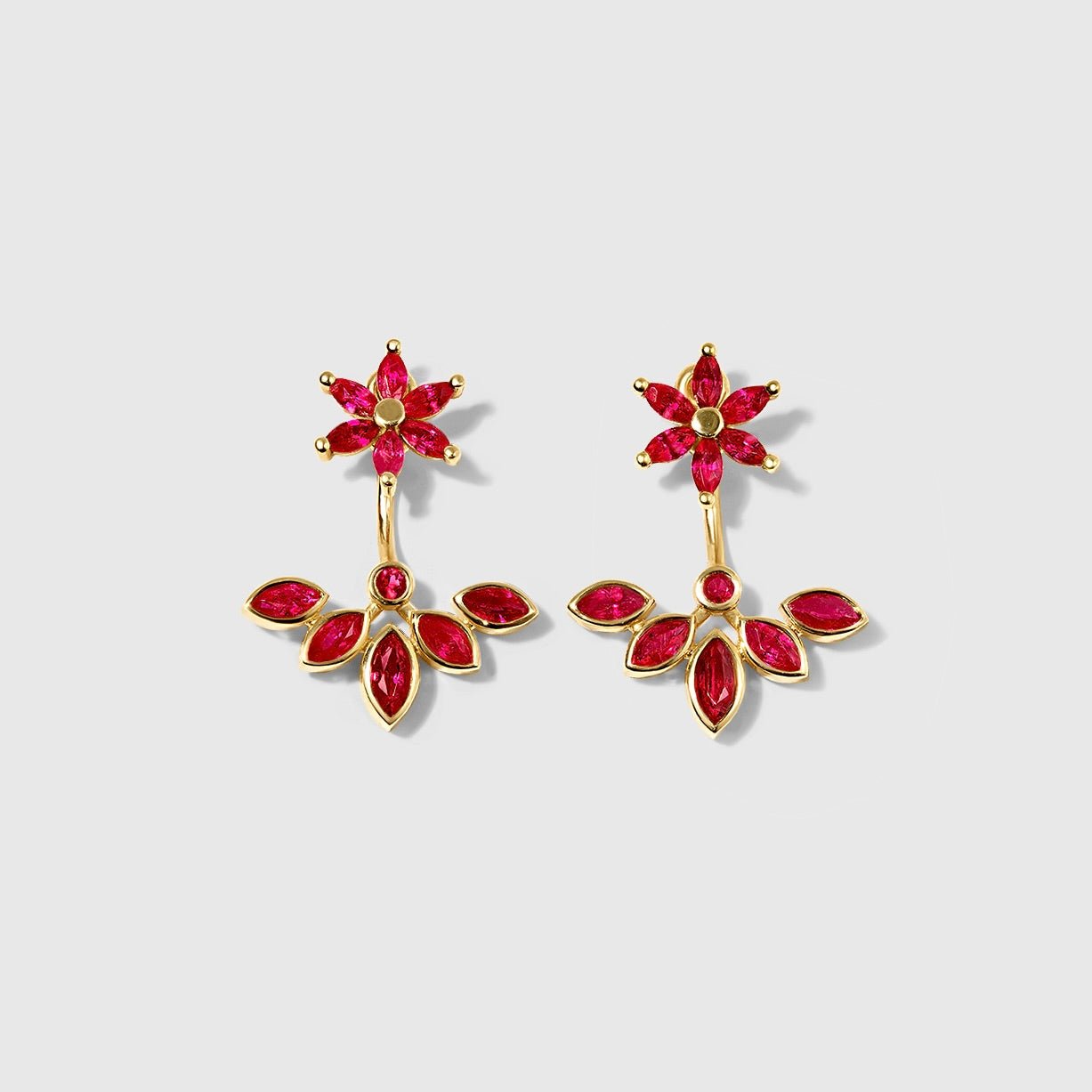 Amalia - Ruby Flower Ear Jacket Earrings – La Fleur Rouge Collection of Rubies & Solid Gold  - Aurora Laffite Jewelry