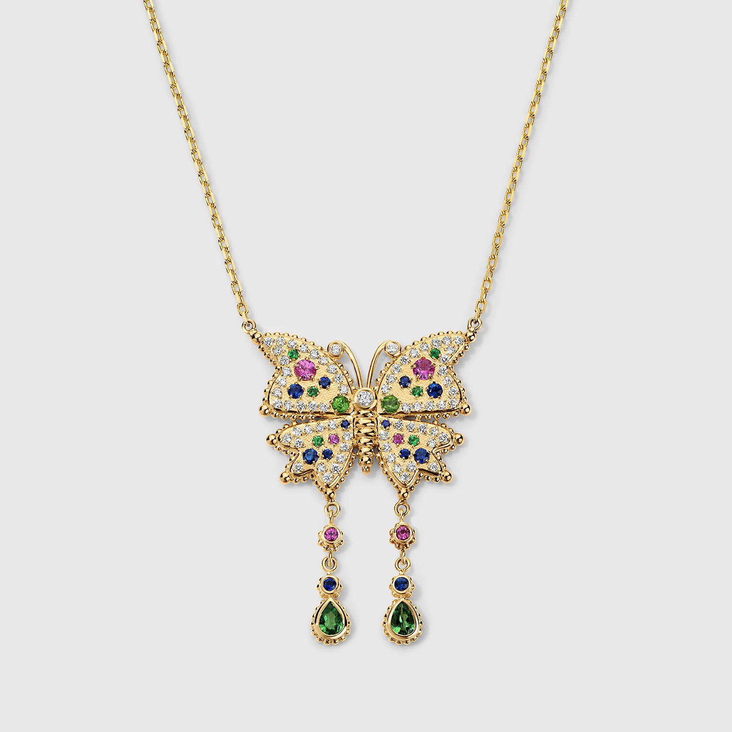 Butterfly Bloom necklace in solid 14K yellow gold with multicolored sapphires, diamonds and tsavorites