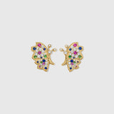 Butterfly Bloom stud earrings in solid 14K yellow gold with multicolored sapphires, tsavorites and white diamonds, photographed against a white background