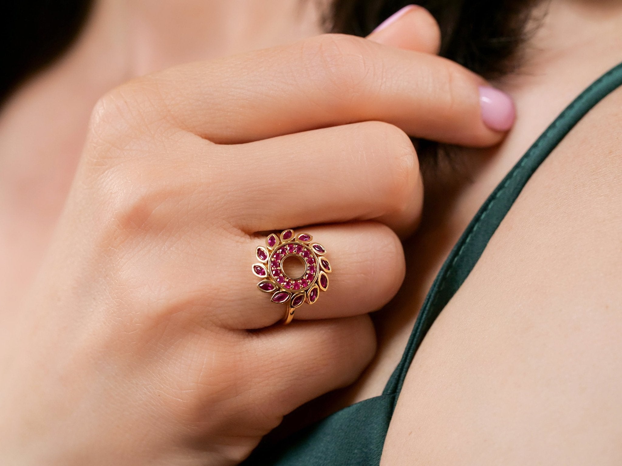 Flavia - Ruby Flower Halo Ring – La Fleur Rouge Collection of Rubies & Solid Gold - Aurora Laffite Jewelry