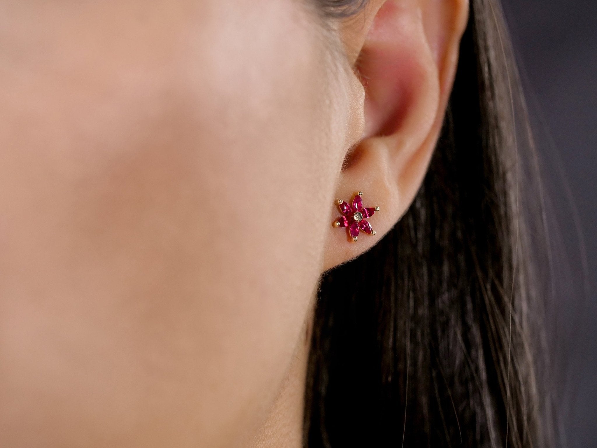 Gladis - Ruby Flower Stud Earrings – La Fleur Rouge Collection of Rubies & Solid Gold - Aurora Laffite Jewelry