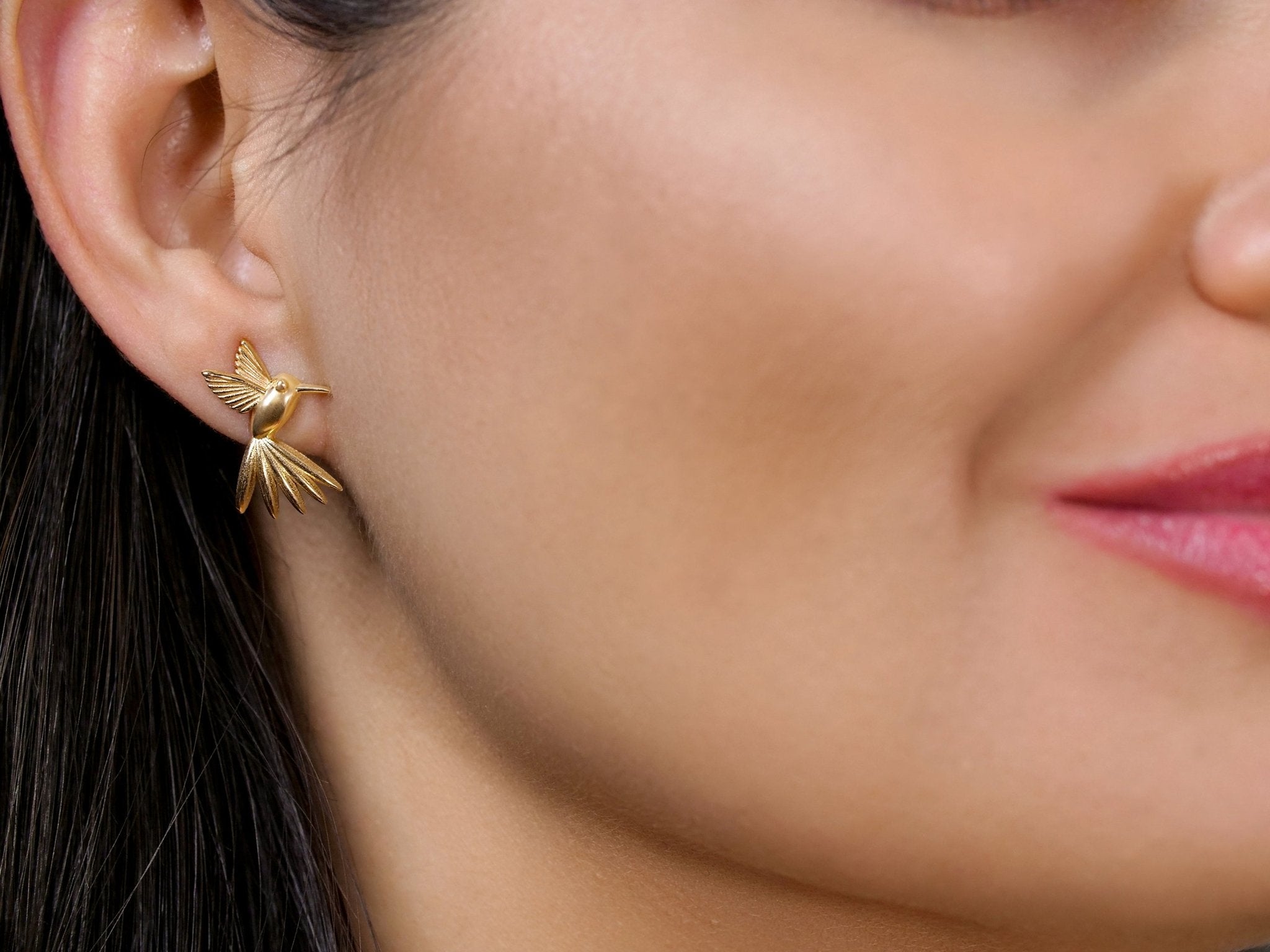 Golden Hummingbird Stud Earrings in Solid Gold – The “Humming Beauty” Set - Aurora Laffite Jewelry