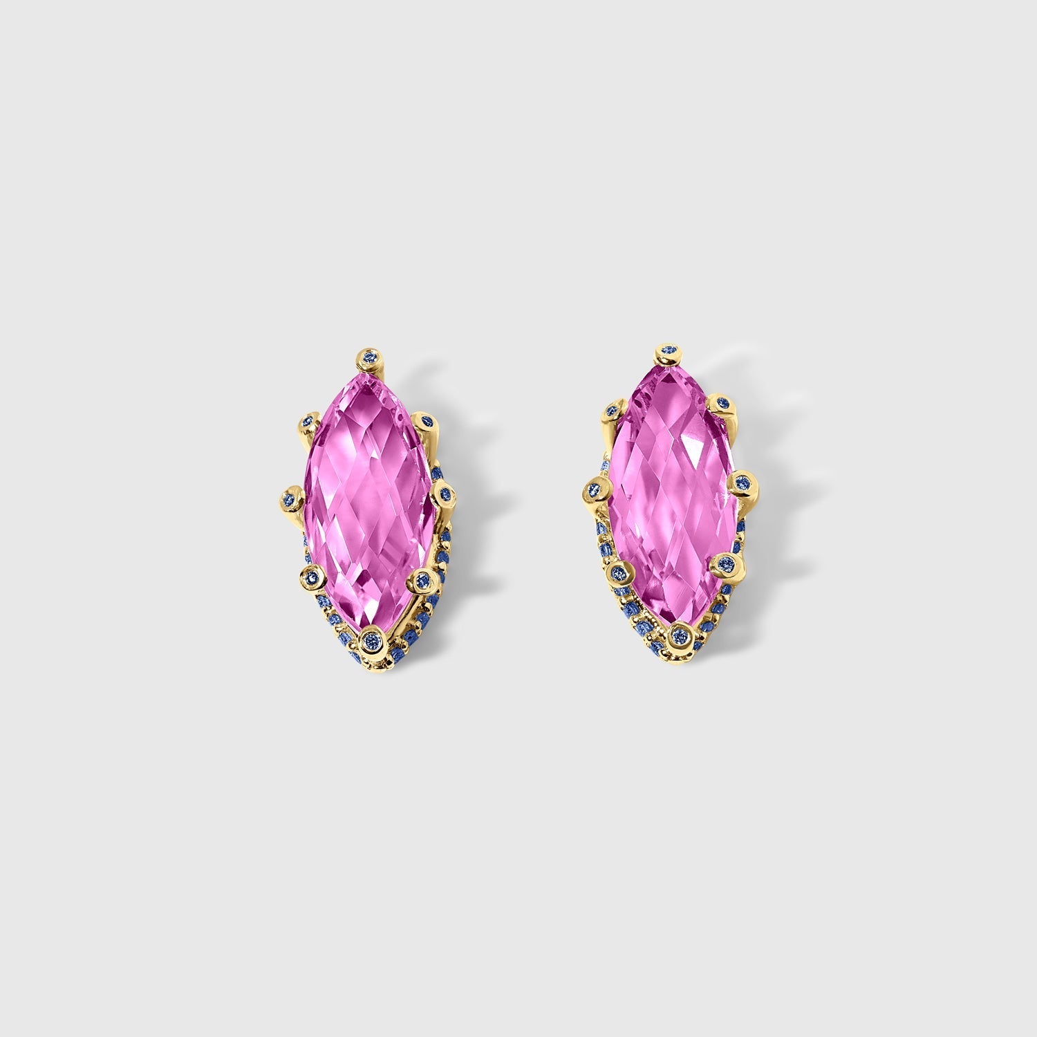 Pink Topaz & Blue Sapphires - Marquise Stud Earrings in Solid Gold – SkyTower Set - Aurora Laffite Jewelry