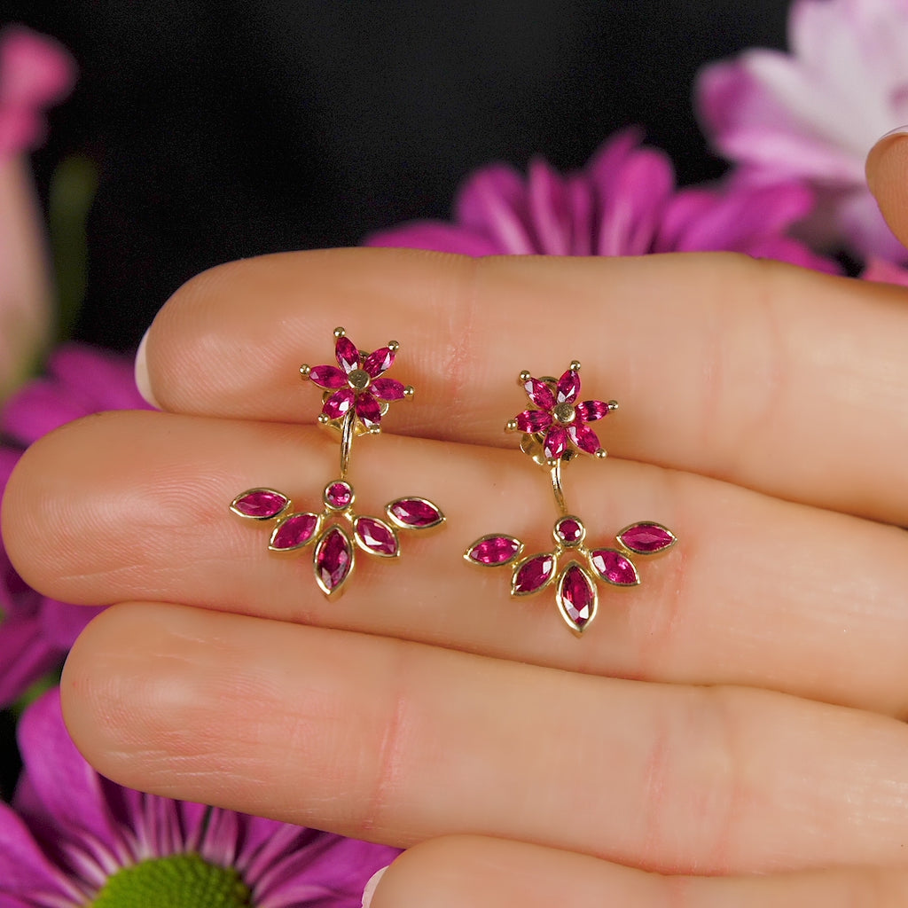 Amalia Ruby Flower Ear Jacket Earrings in 14K or 18K Yellow Gold La Fleur Rouge Collection of Rubies and Gold by Aurora Laffite Jewelry