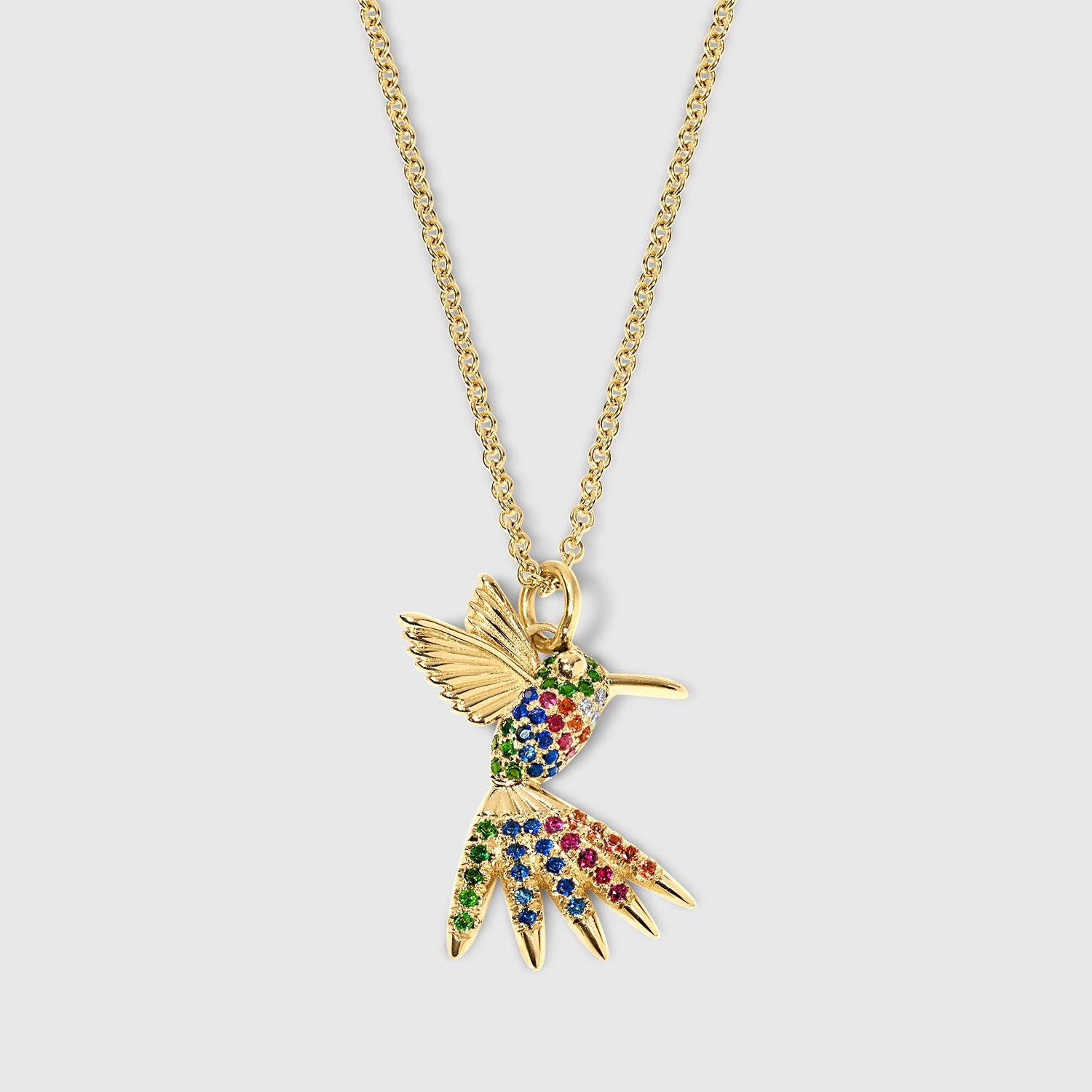 Rainbow hummingbird pendant & necklace with Multicolored sapphires, rubies and diamonds from the Humming Beauty Collection by Aurora Laffite Jewelry