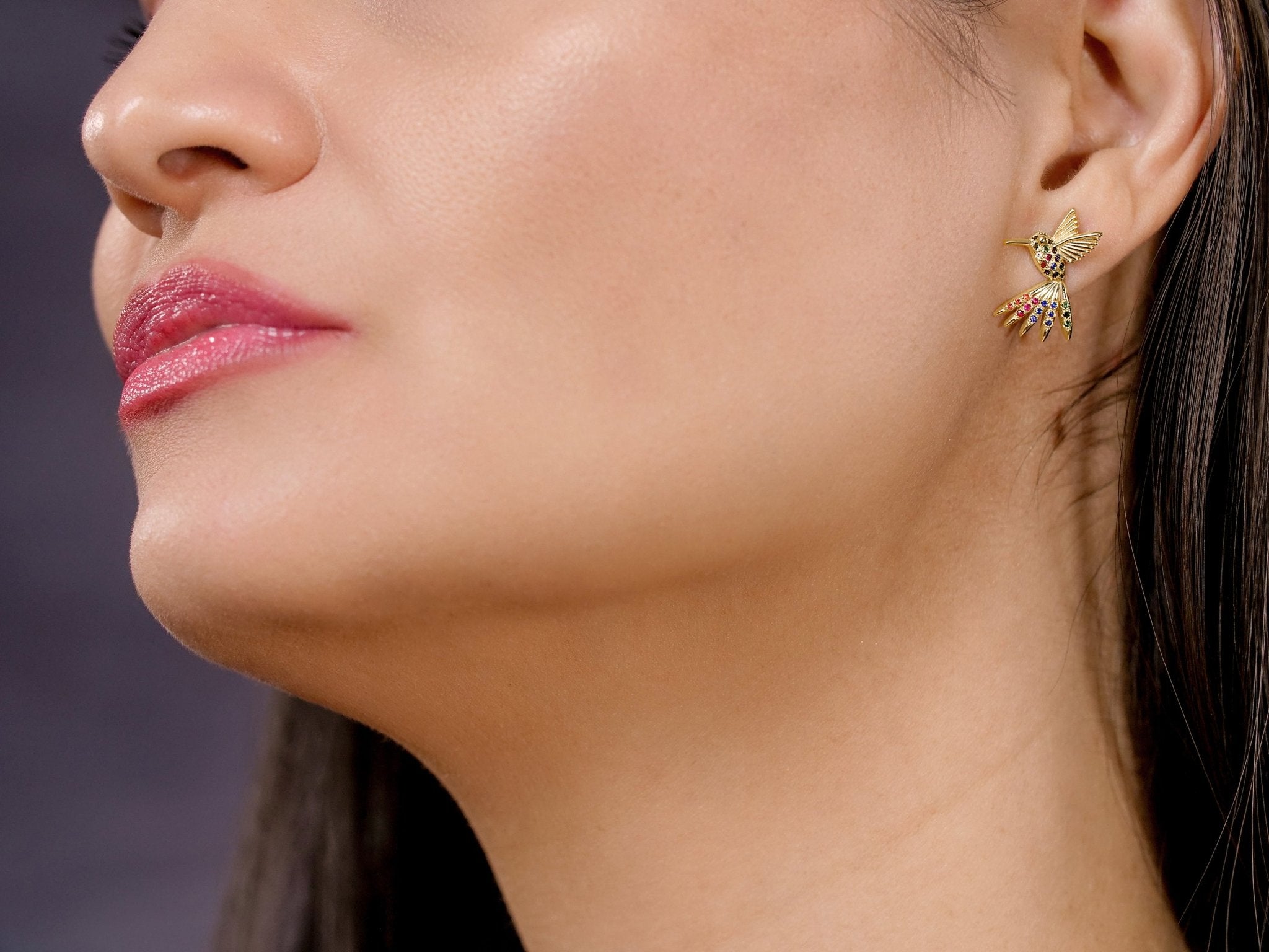 Rainbow Hummingbird Stud Earrings in Solid Gold – The “Humming Beauty” Set - Aurora Laffite Jewelry