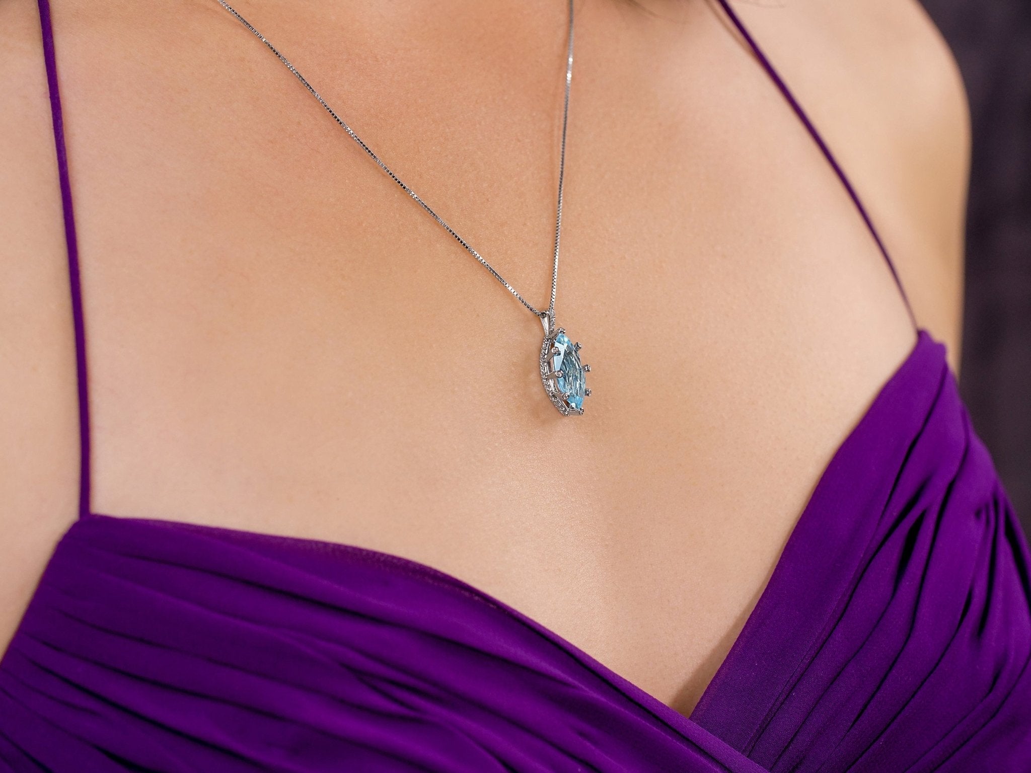 Sky-Blue Topaz & White Diamonds - Marquise Pendant & Necklace in Solid White Gold – SkyTower Set - Aurora Laffite Jewelry