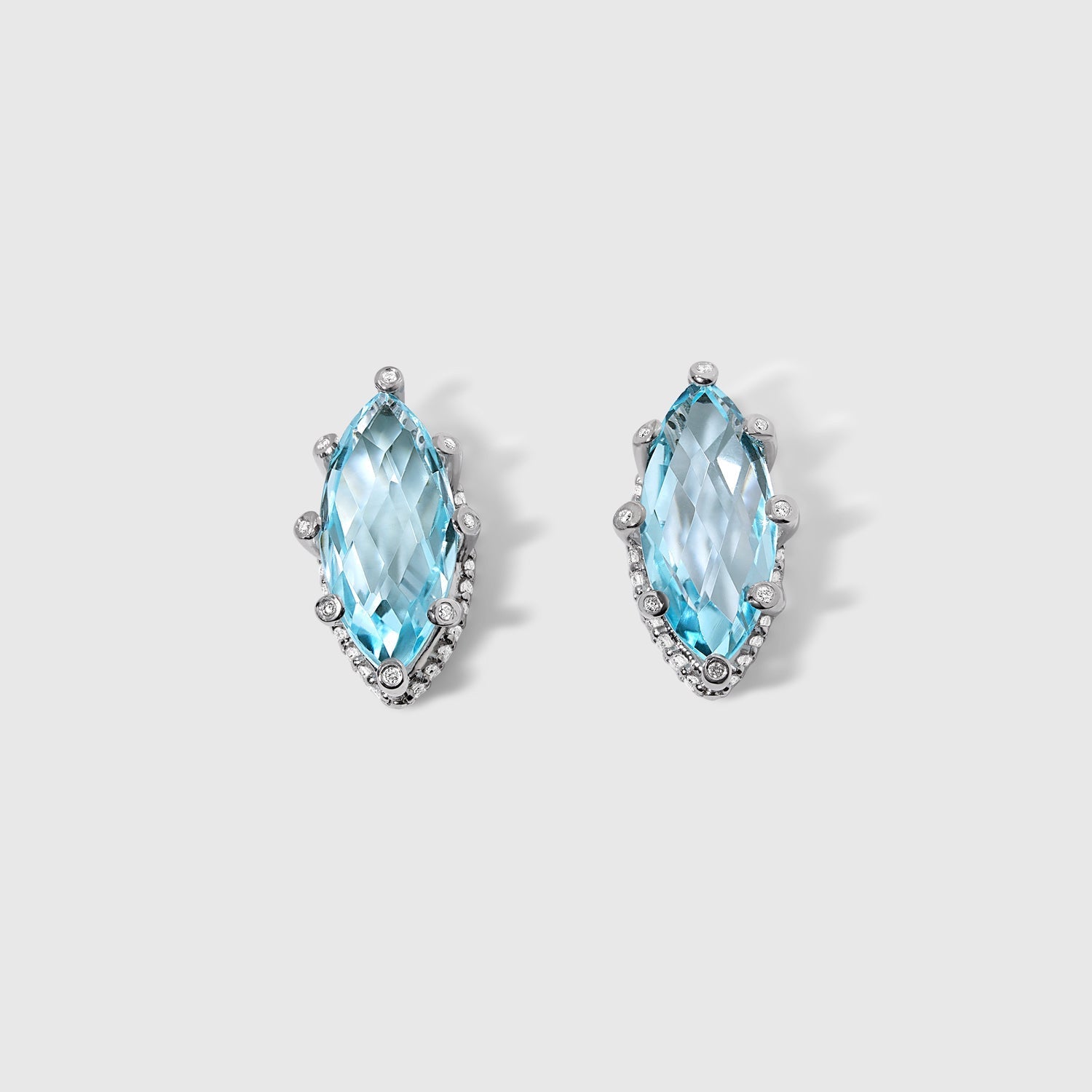 Sky-Blue Topaz & White Diamonds - Marquise Stud Earrings in Solid White Gold – SkyTower Set - Aurora Laffite Jewelry